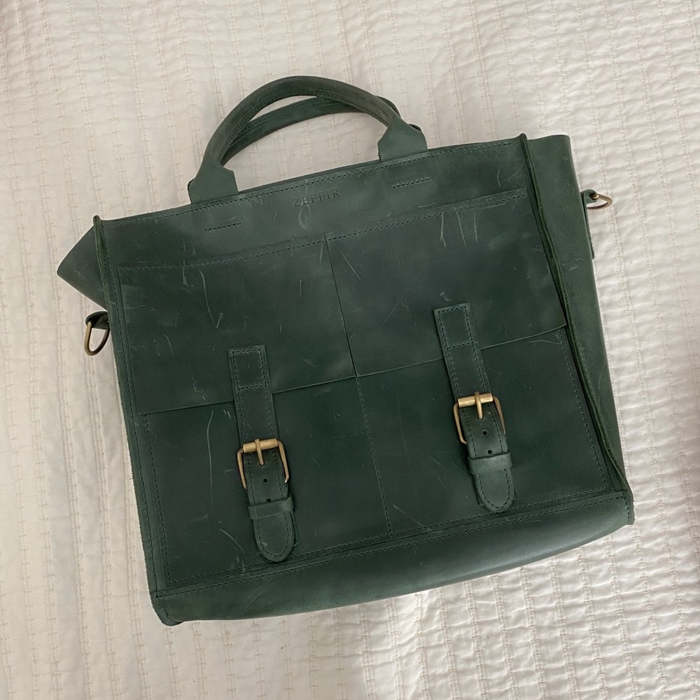 Green leather tote bag